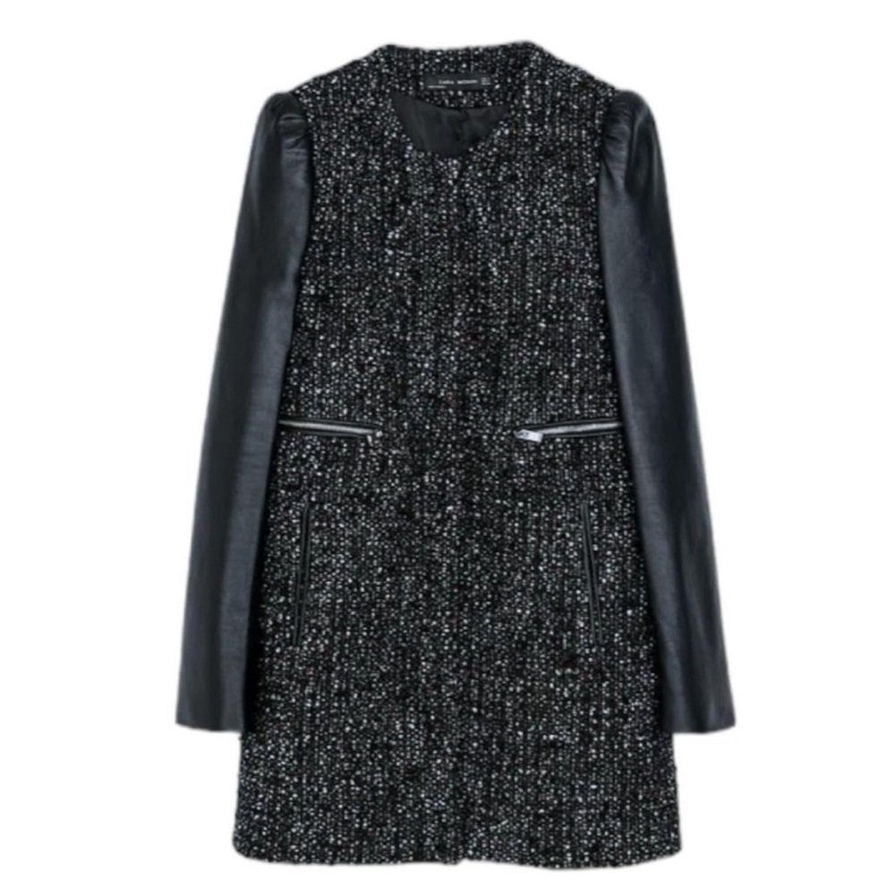 Zara Woman Bouclé Black Leather Sleeved Fully lined Coat Jacket - Size X-Small